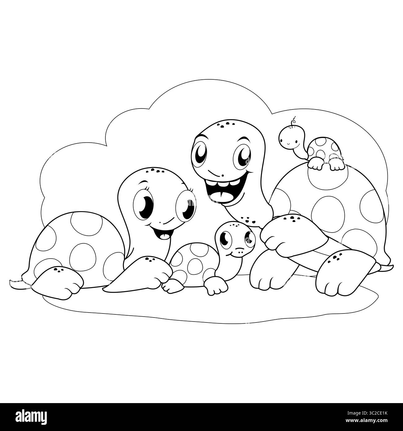 Tartarughe in giardino. Personaggi di tartarughe animate felici in natura. Pagina da colorare in bianco e nero. Foto Stock