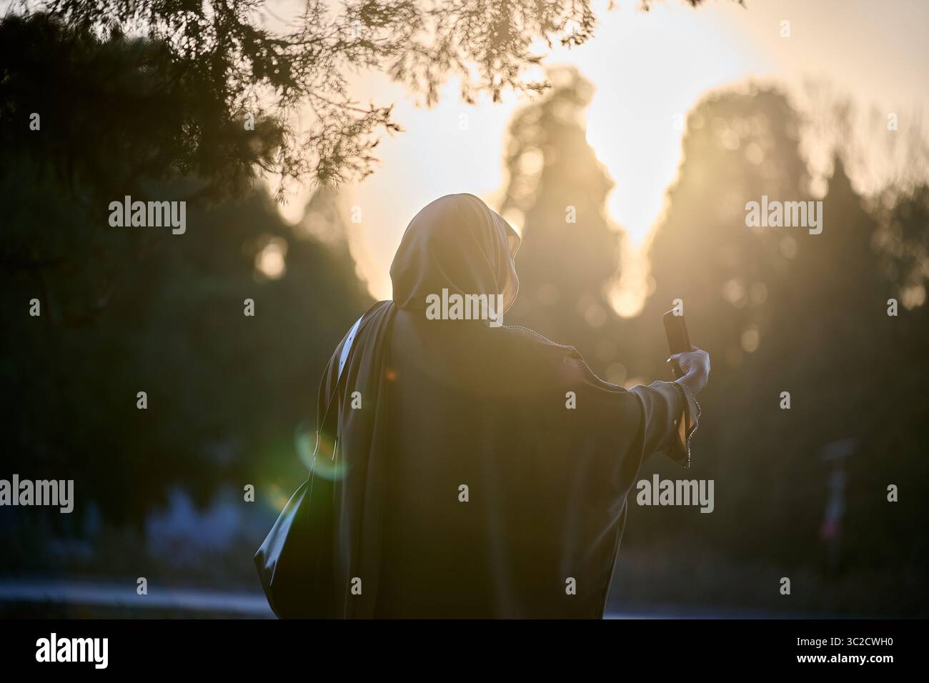 Donna in abaya marrone al tramonto nel parco Foto Stock