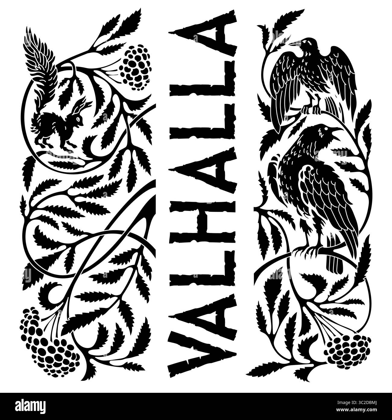 Incisione vintage. L'albero della vita nella mitologia norrena con gli animali Illustrazione Vettoriale