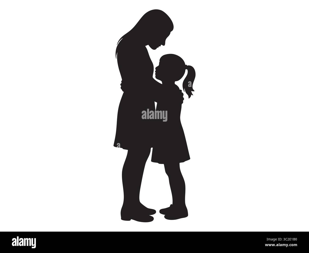 Silhouette nera di donna e bambino in piedi insieme, isolata su sfondo bianco, illustrazione grafica. concetto di famiglia, madre, figlia, amore, Illustrazione Vettoriale