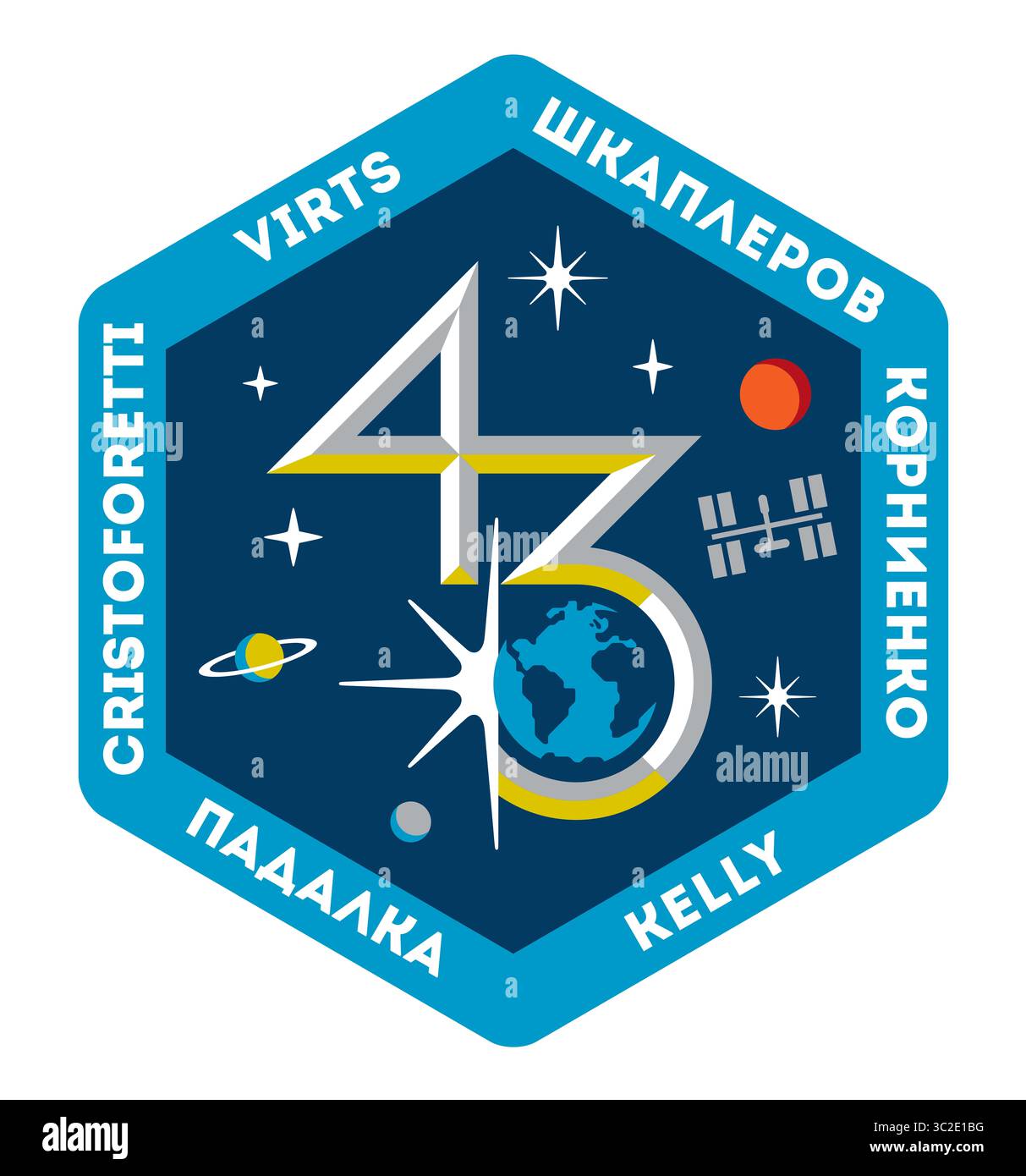 11 marzo 2015, Houston, Texas, Stati Uniti: Expedition 43 è stata la 43a spedizione alla stazione spaziale Internazionale. La missione ebbe inizio l'11 marzo 2015 con lo sgancio della Sojuz TMA-14M, riportando l'equipaggio della Expedition 42 sulla Terra. Equipaggio di condotta, Padalka, Scott Kelly, Shkaplerov, Cristoforetti, Kornienko, Virts. La forma esagonale (a sei lati) della patch Expedition 43 rappresenta i sei membri dell'equipaggio che vivono e lavorano a bordo dell'avamposto orbitale. La stazione spaziale Internazionale (ISS) è raffigurata in orbita intorno alla Terra, rappresentando la partnership multinazionale che ha costruito, sviluppato e Foto Stock