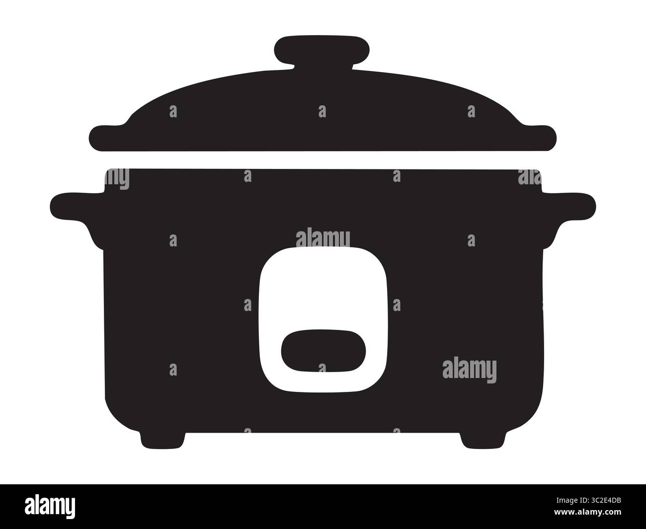 Silhouette nera di slow cooker o multicooker elettrico con coperchio e manici isolati su sfondo bianco, illustrazione. Concetto di elettrodomestici da cucina, Illustrazione Vettoriale
