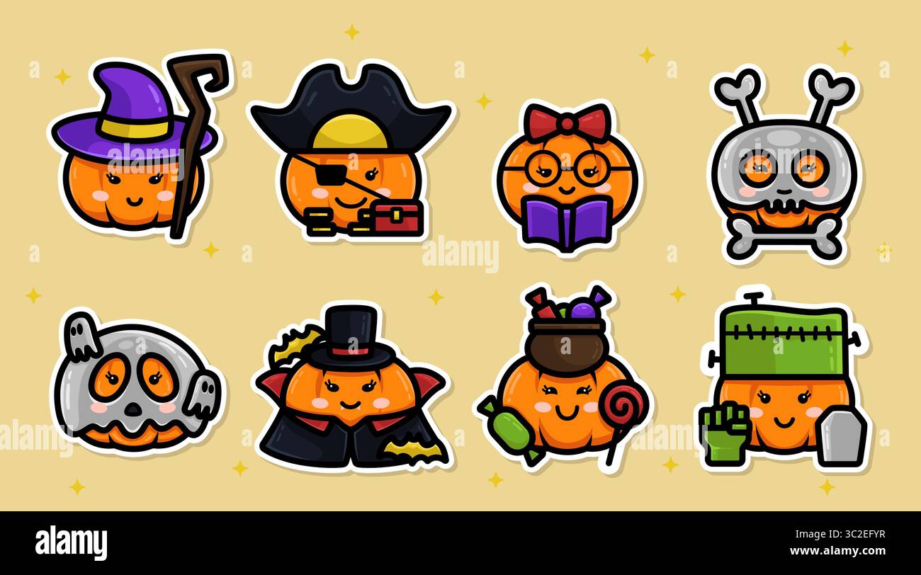 Graziosa collezione di adesivi Halloween con stile cartoni animati e design piatto. Adorabile confezione di adesivi di zucca con vari costumi di carattere Illustrazione Vettoriale