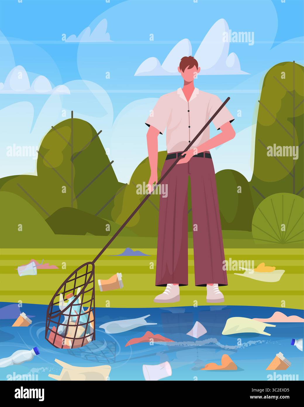 Un giovane volontario che rimuove i rifiuti di plastica da un fiume inquinato. Tutela dell'ambiente e sensibilizzazione all'inquinamento. Vettore non generato ai Foto Stock
