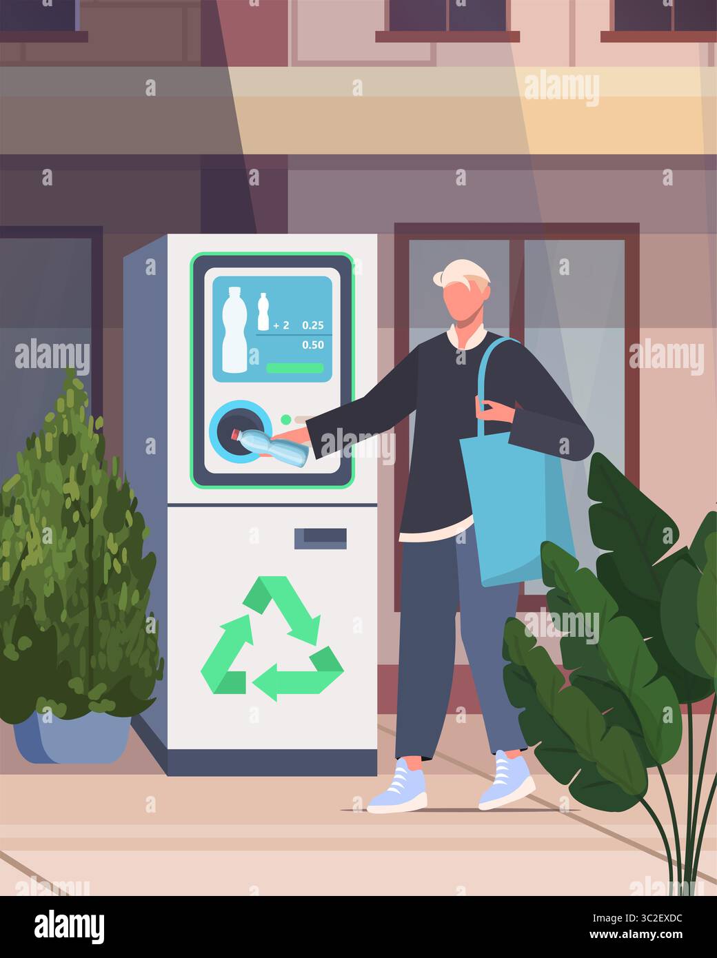 Macchina per il riciclaggio di bottiglie. Giovane uomo che utilizza una macchina per la restituzione delle bottiglie eco-compatibile. Illustrazione vettoriale non generata ai Foto Stock