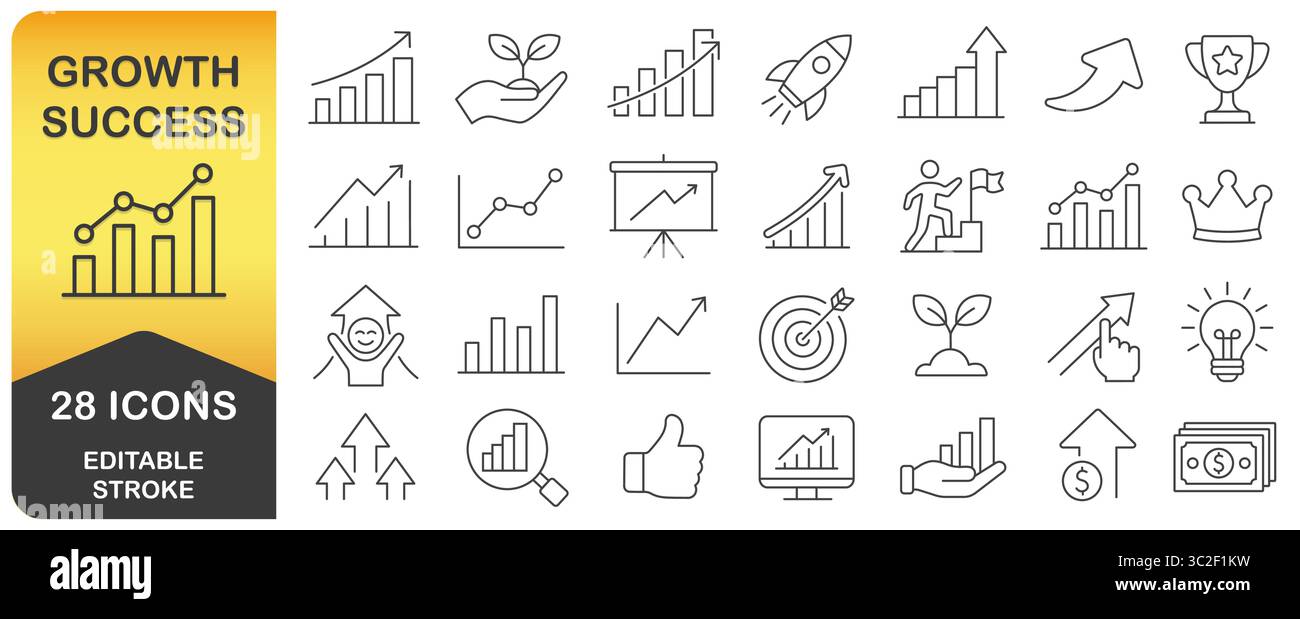 Set di icone Web del vettore della linea di traccia modificabile di crescita e successo. Strategia aziendale obiettivi di successo raccolta di icone lineari sottili. Curve e diagrammi di crescita Illustrazione Vettoriale