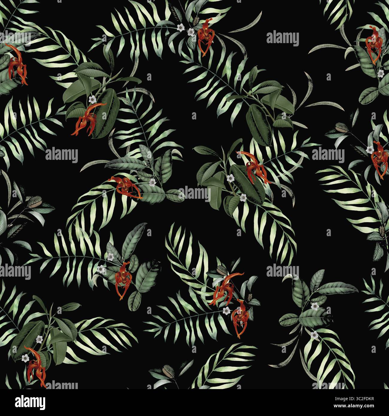 Un lussureggiante motivo floreale tropicale caratterizzato da vivaci foglie verdi e suggestivi fiori esotici rossi su uno sfondo scuro e morbido, che crea un senso di lu Foto Stock