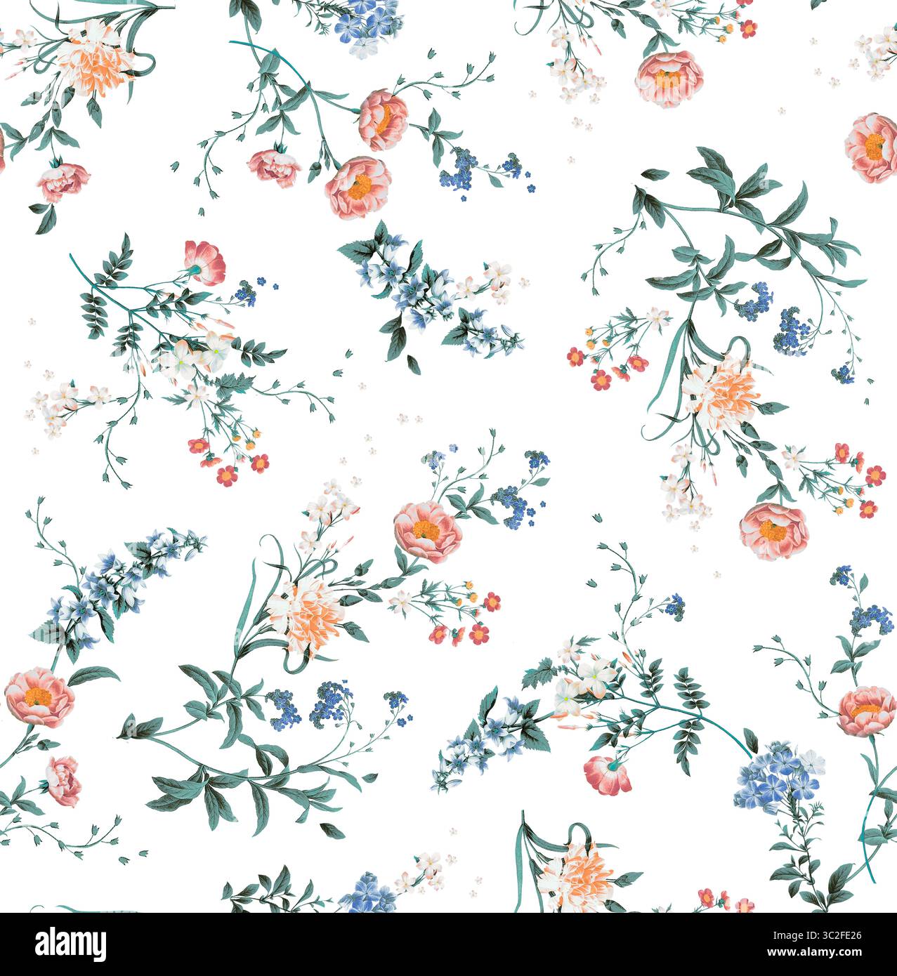Un delicato motivo floreale vintage caratterizzato da un'affascinante disposizione di rose rosa, fiori di mais blu e foglie verdi sparse su uno sfondo bianco Foto Stock