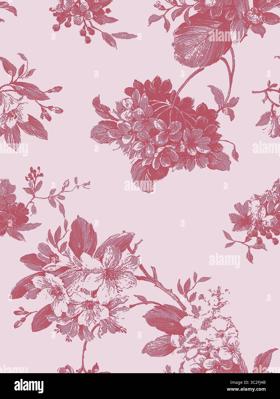 Un delicato motivo floreale vintage caratterizzato da fiori e foglie in fiore nelle tonalità del rosa e del rosso su un delicato sfondo rosa, evocando una romantica a Foto Stock