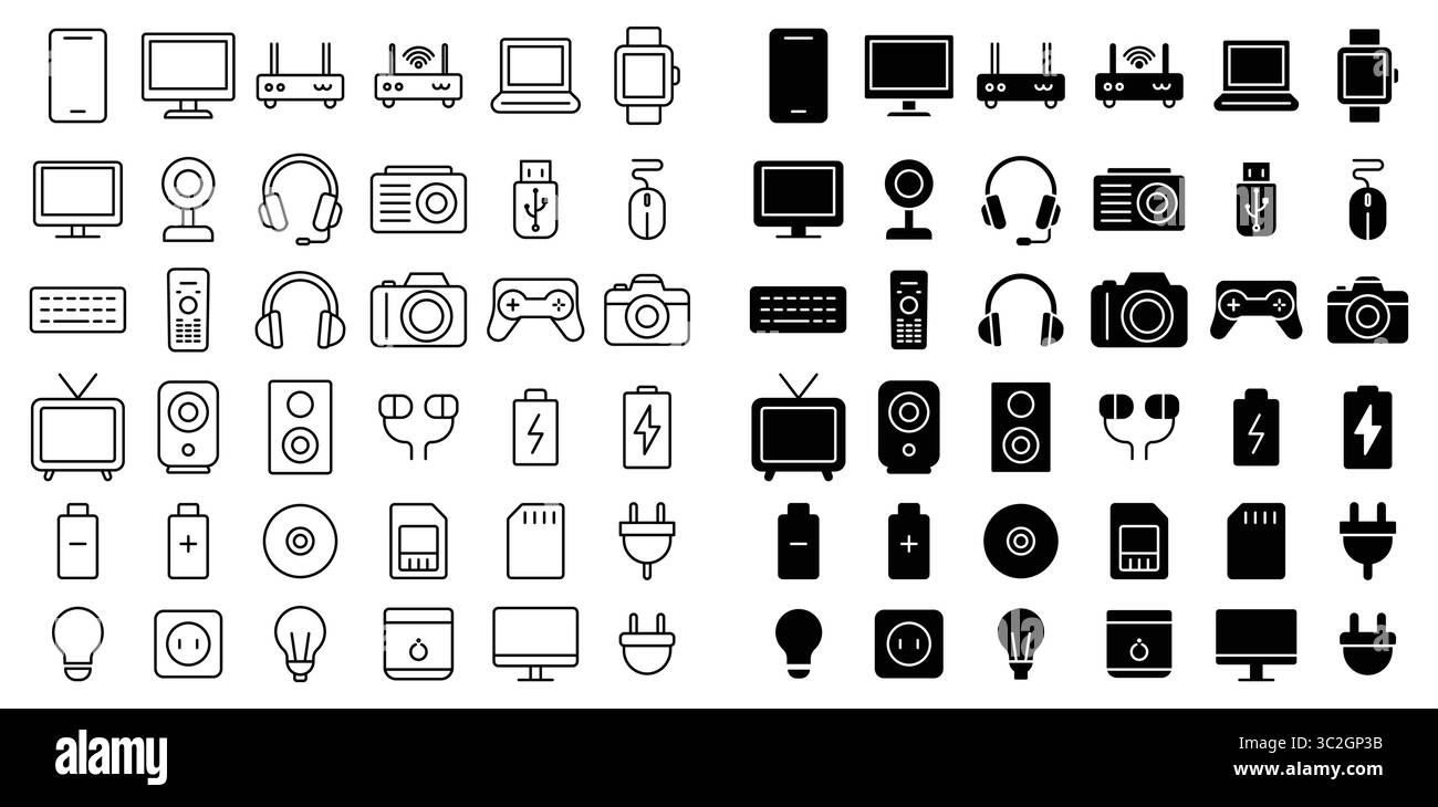 Raccolta di icone di linea semplici per tecnologia e dispositivi elettronici Illustrazione Vettoriale