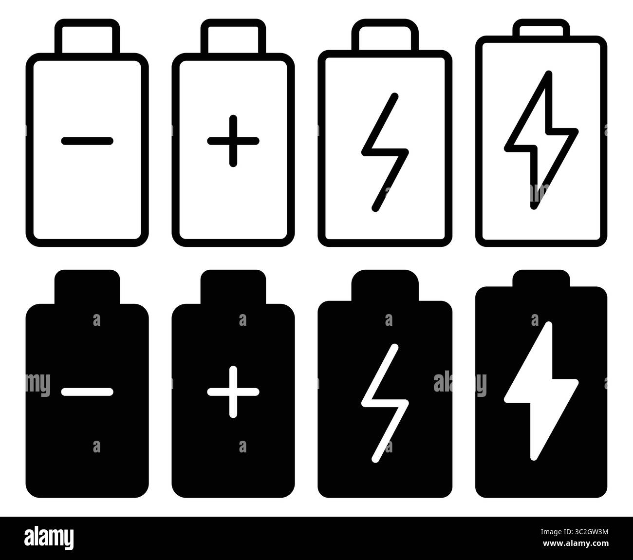 Una raccolta di icone della batteria che mostrano vari indicatori dello stato di carica e di alimentazione. Ideale per grafica tecnologica, design di app e pr relativi all'energia Illustrazione Vettoriale