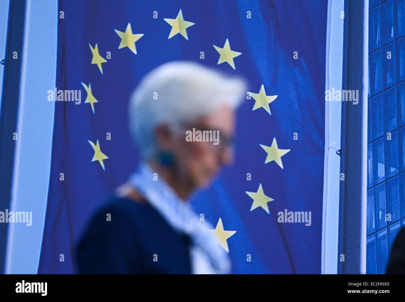24 luglio 2025, Assia, Francoforte sul meno: Christine Lagarde, Presidente della Banca centrale europea (BCE), si trova di fronte a uno sfondo con la bandiera dell'UE durante la conferenza stampa presso la sede della BCE. Alla loro riunione regolare, le principali autorità monetarie europee hanno lasciato invariati i tassi di interesse nella zona euro al 2,0%. Foto: Arne Dedert/dpa Foto Stock