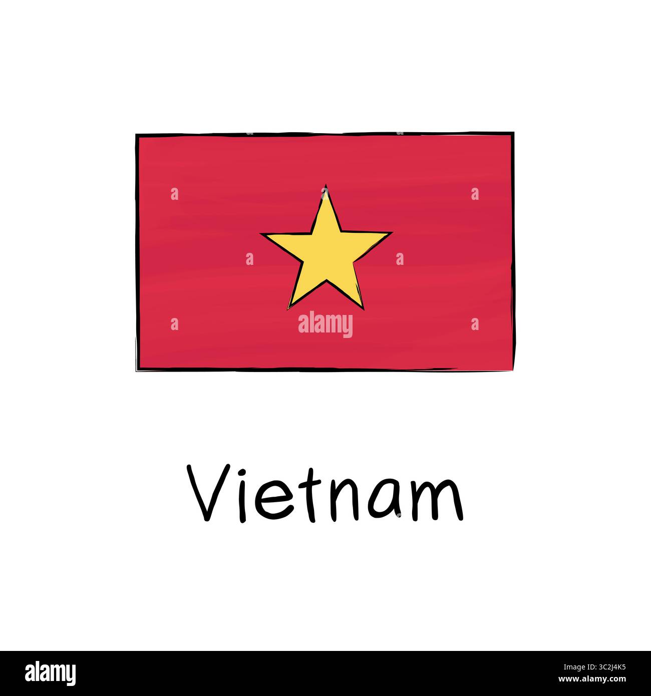 Scarabocchio vettoriale disegnato a mano della bandiera nazionale del Vietnam. Stile minimalista. Ideale per guide di viaggio, lezioni di geografia, infografiche culturali ed e-mail Illustrazione Vettoriale