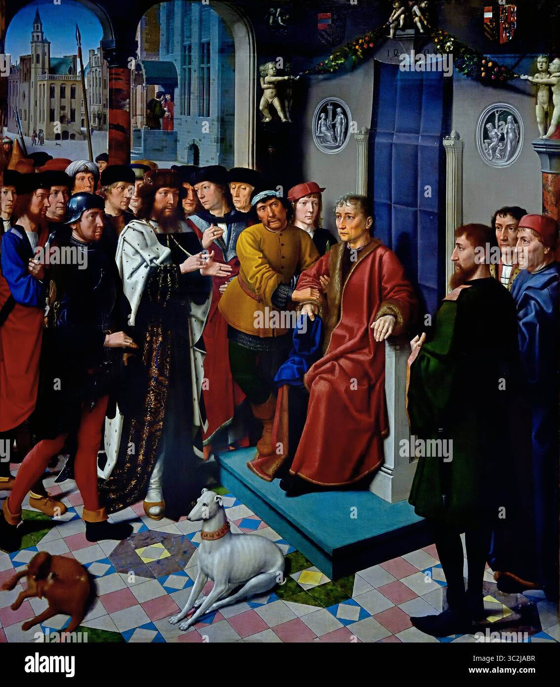 Arresto di Sisamnes da parte di Cambyses 1498 del XVI secolo da parte di Gerard David 1450 - 1523 Groeningemuseum, museo municipale, Bruges, Belgio, fiammingo, ( il panel di sinistra della sentenza Cambyses mostra che Cambyses conta con enfasi i fatti dell'accusa. Sullo sfondo, Sisamnes riceve una tangente sui gradini della sua casa. Foto Stock