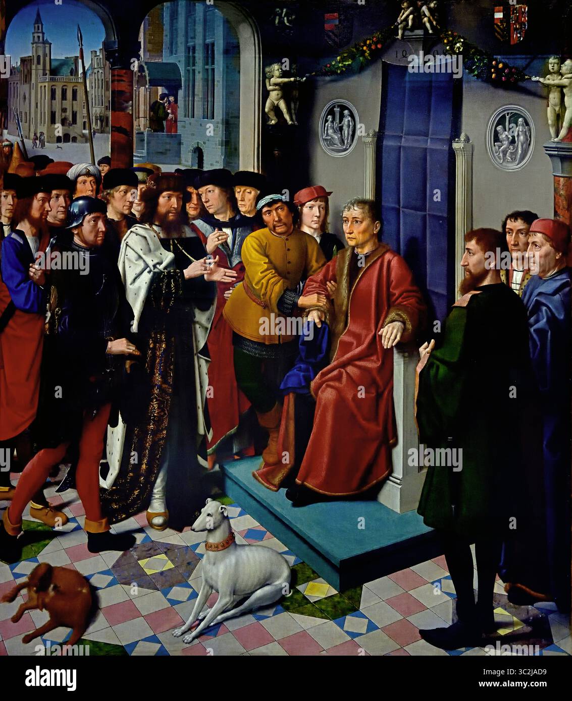 Arresto di Sisamnes da parte di Cambyses 1498 del XVI secolo da parte di Gerard David 1450 - 1523 Groeningemuseum, museo municipale, Bruges, Belgio, fiammingo, ( il panel di sinistra della sentenza Cambyses mostra che Cambyses conta con enfasi i fatti dell'accusa. Sullo sfondo, Sisamnes riceve una tangente sui gradini della sua casa. Foto Stock