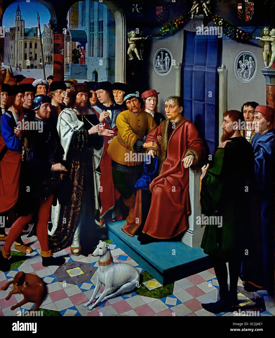 Arresto di Sisamnes da parte di Cambyses 1498 del XVI secolo da parte di Gerard David 1450 - 1523 Groeningemuseum, museo municipale, Bruges, Belgio, fiammingo, ( il panel di sinistra della sentenza Cambyses mostra che Cambyses conta con enfasi i fatti dell'accusa. Sullo sfondo, Sisamnes riceve una tangente sui gradini della sua casa. Foto Stock