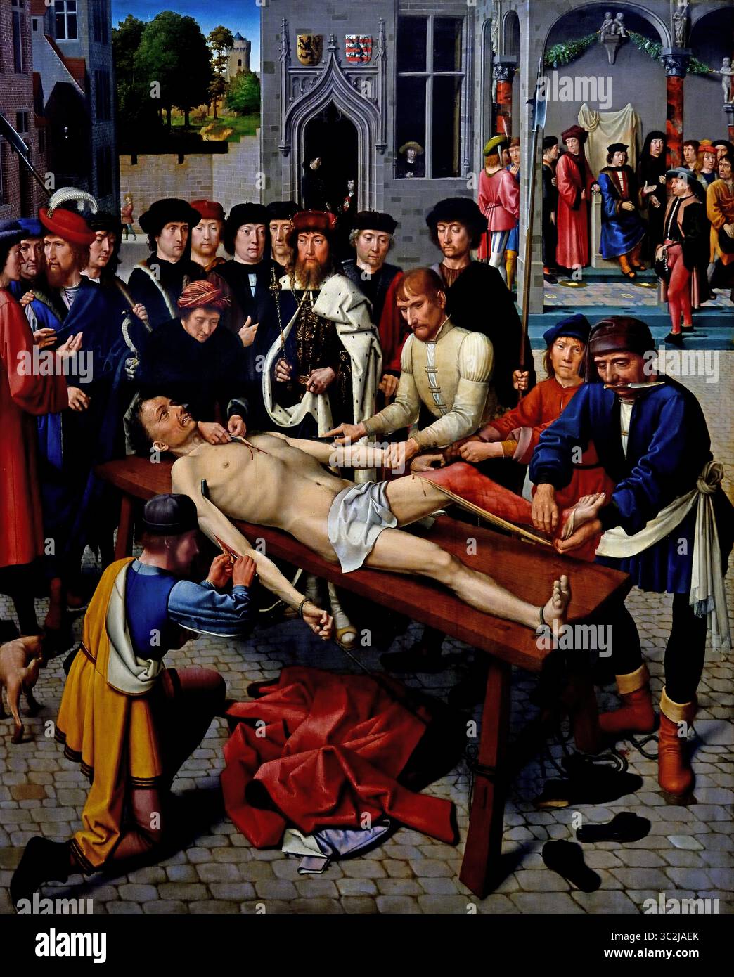 Vagliatura di Sisamnes 1498 XVI secolo di Gerard David 1450 - 1523 Groeningemuseum, museo municipale, Bruges, Belgio, fiammingo, ( il giudizio di Cambyses raffigura l'effusione di Sisamnes. Sullo sfondo, Otanes si siede sulla pelle di suo padre. Foto Stock