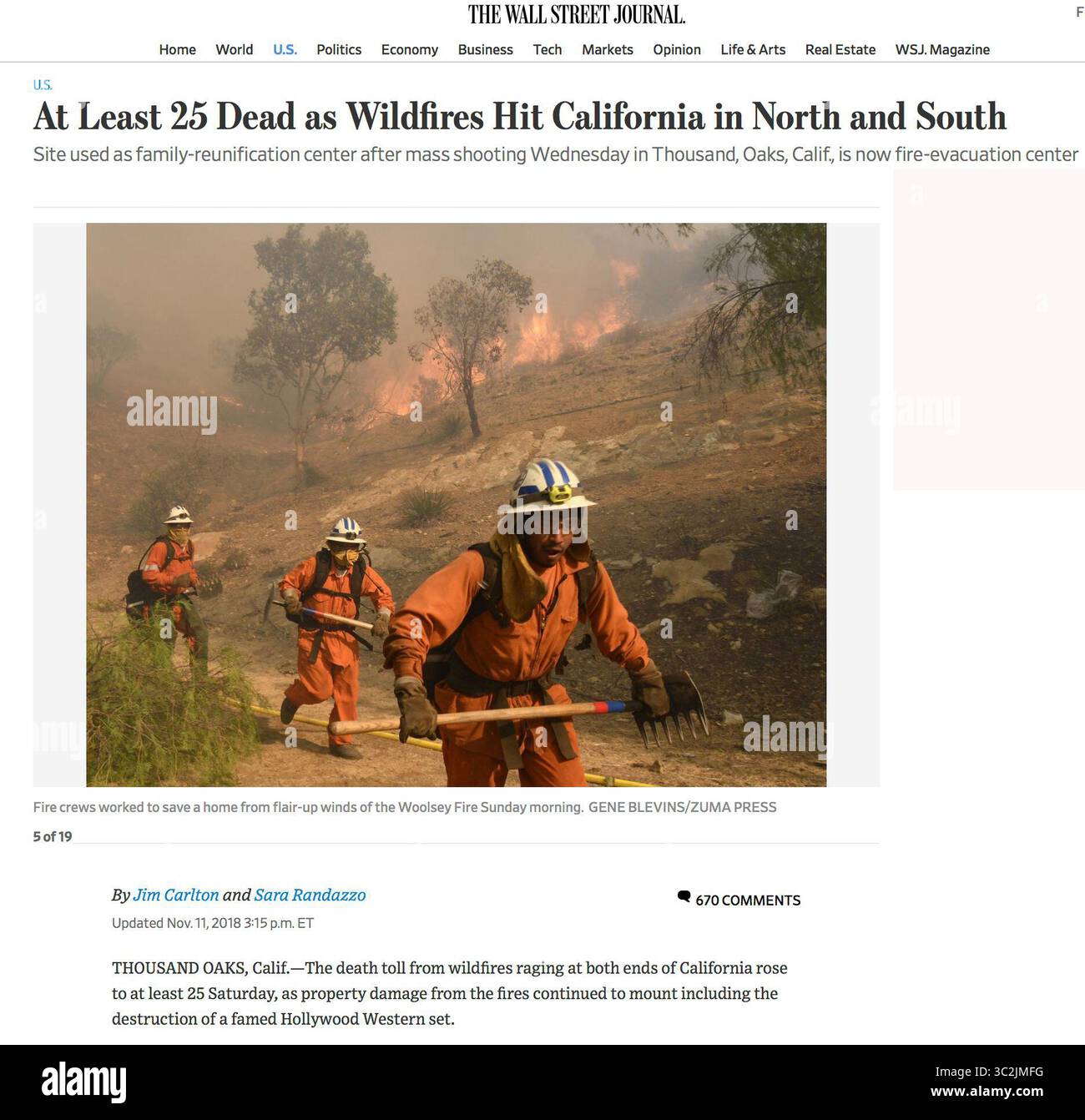 11 novembre 2018 - Thousand Oaks, California, Stati Uniti - gli equipaggi dei vigili del fuoco lavorano velocemente per salvare casa dai venti dell'incendio di Woolsey domenicale mattina. Il fuoco brucia dietro le case lungo Valley Cir Blvd. E Stagg St. E si fermò con poche ore. (Immagine di credito: © Gene Blevins/ZUMA Wire) Foto Stock