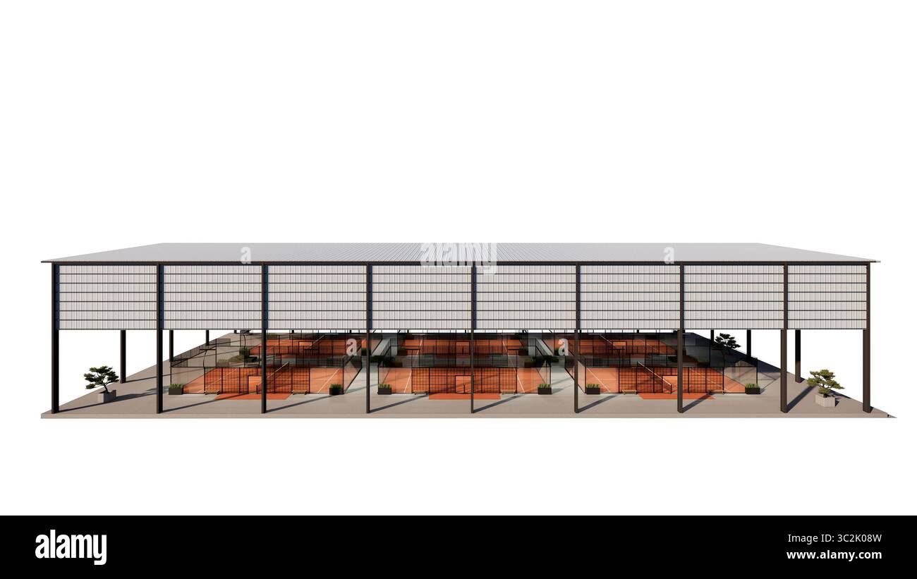 campi da tennis in padel con vista laterale all'interno di un edificio in metallo color terracotta Foto Stock