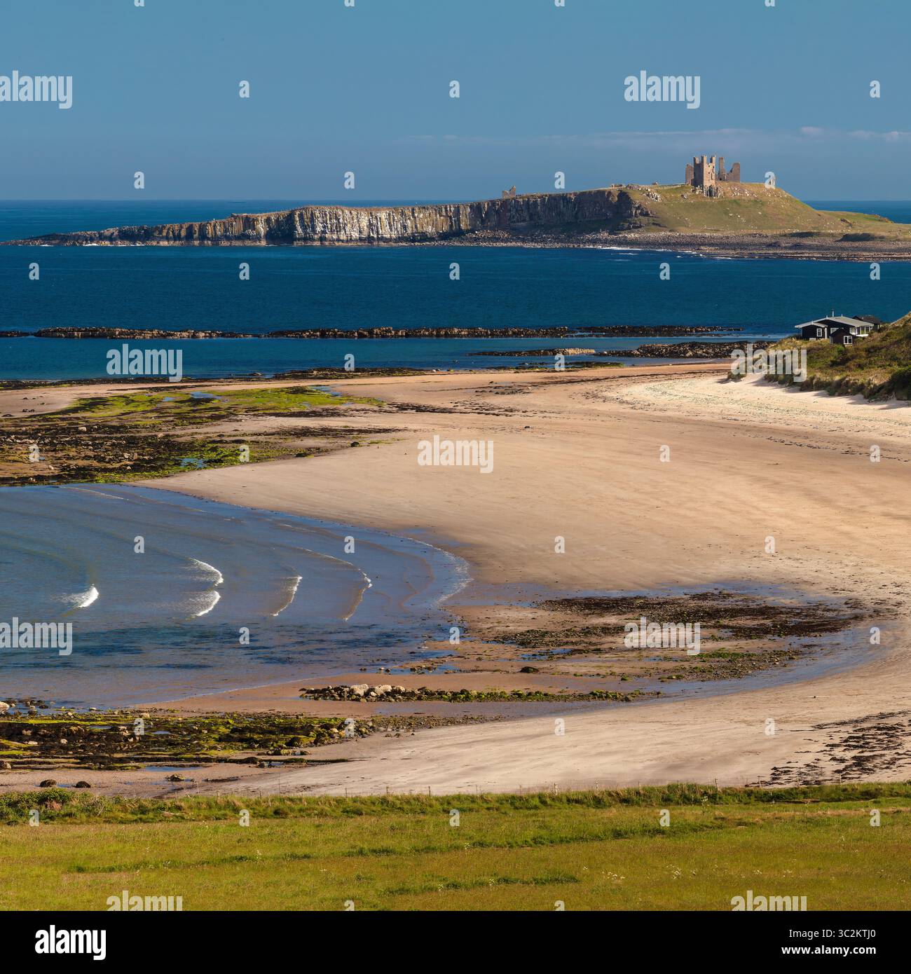 Una vista in estate, in una giornata di sole, del castello di Dunstanburgh nel Northumberland, vista da Low Newton attraverso la baia di Embleton con la bassa marea Foto Stock