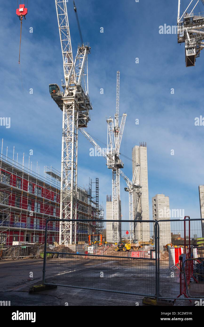 Numerose gru coinvolte nella costruzione di nuovi e alti appartamenti a Bordesley, vicino al centro di Birmingham Foto Stock