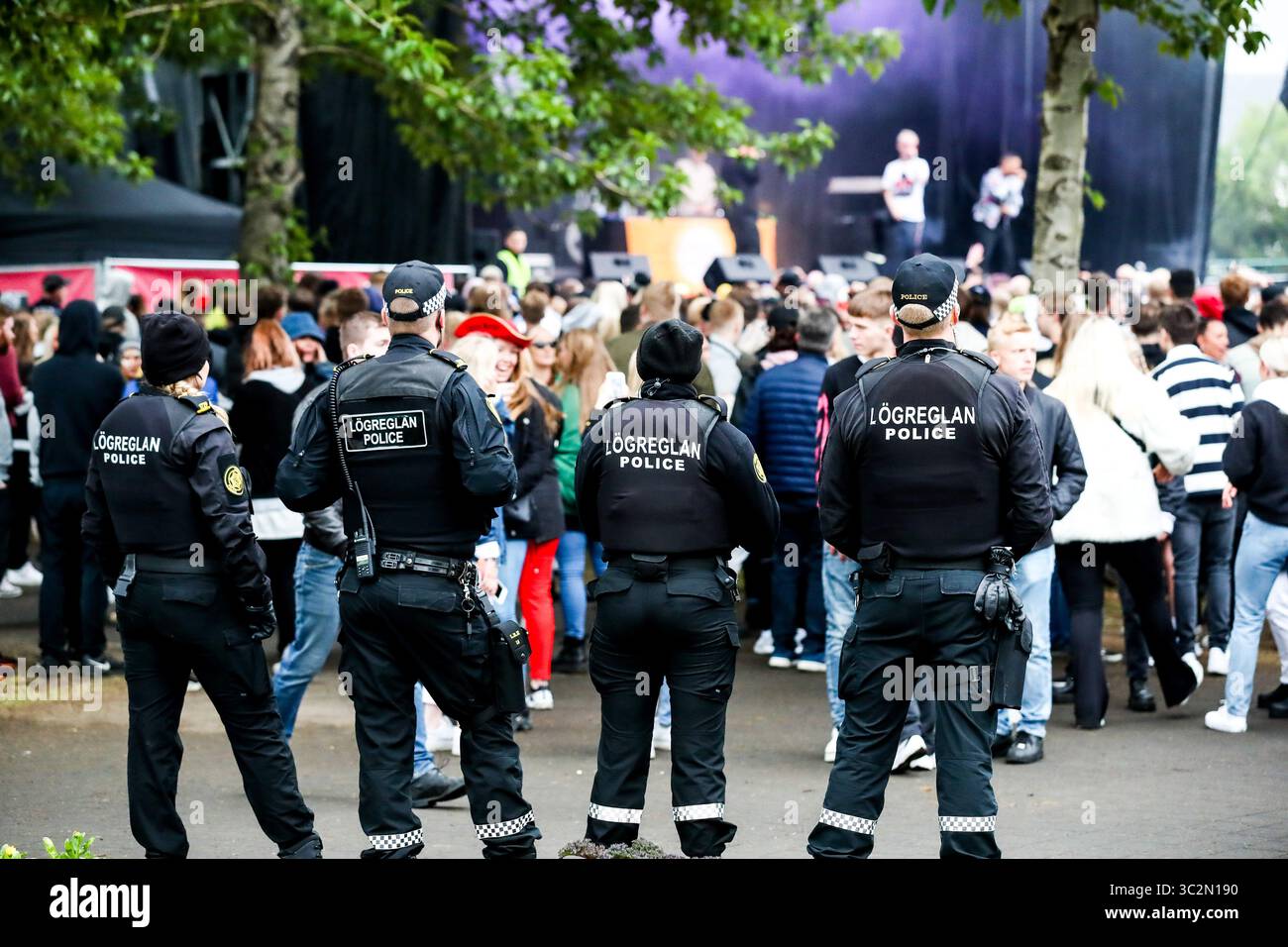 Giugno 23, 2019 - Reykjavâ€™k, Islanda - Laugadalur poliziotti guardare la folla e godetevi la festa durante il quinto segreto Solstice Festival in Laugadalur, Reykjavâ€™k, Islanda detenute da giugno 21-23, 2019...segreto Solstice, situato appena al di fuori di Reykjavik, Islanda, coerentemente vanta una lineup che è così diversificato e distintivo come il festival nei dintorni. Presentazione di alcuni dei più grandi del mondo di artisti contemporanei, amati musicisti di culto nonché fresco talento locale la festa continua per tutta la notte con un piccolo aiuto da parte del sole di mezzanotte che è quasi sempre presente per montaggio passante Foto Stock