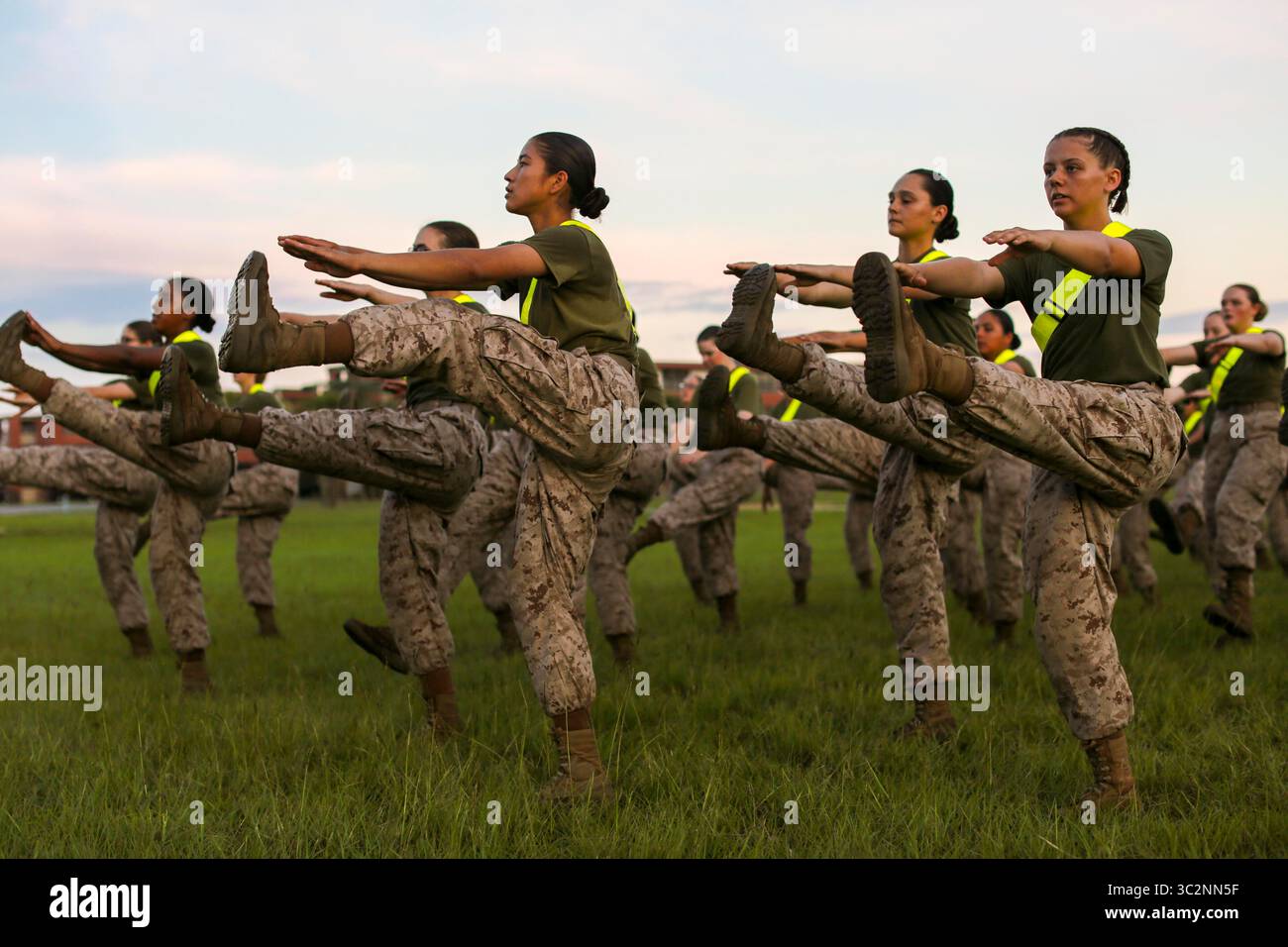 11 luglio 2019 - USA - le reclute con Papa Company, il 4° Battaglione di addestramento reclute conducono tratti di riscaldamento per prepararsi al test di fitness di combattimento l'11 luglio 2019 al Marine Corps Recruit Depot Parris Island. (Immagine di credito: © U.S. Marines/ZUMA Wire/ZUMAPRESS.com) Foto Stock