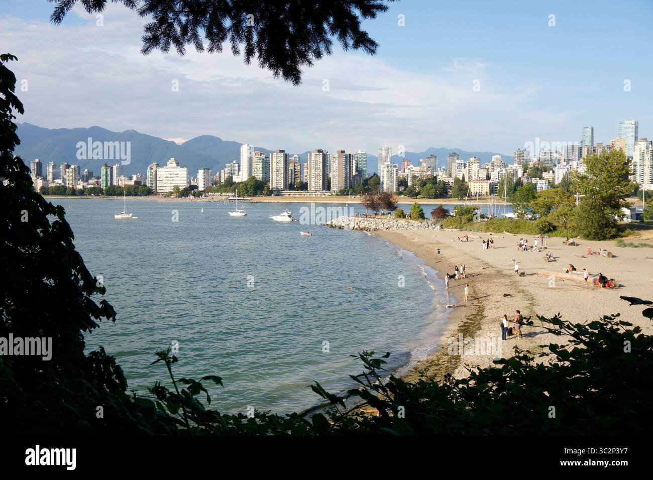 Vista di Hadden Beach, English Bay e dello skyline del West End da Hadden Park, Kitsilano, Vancouver, BC, Canada Foto Stock