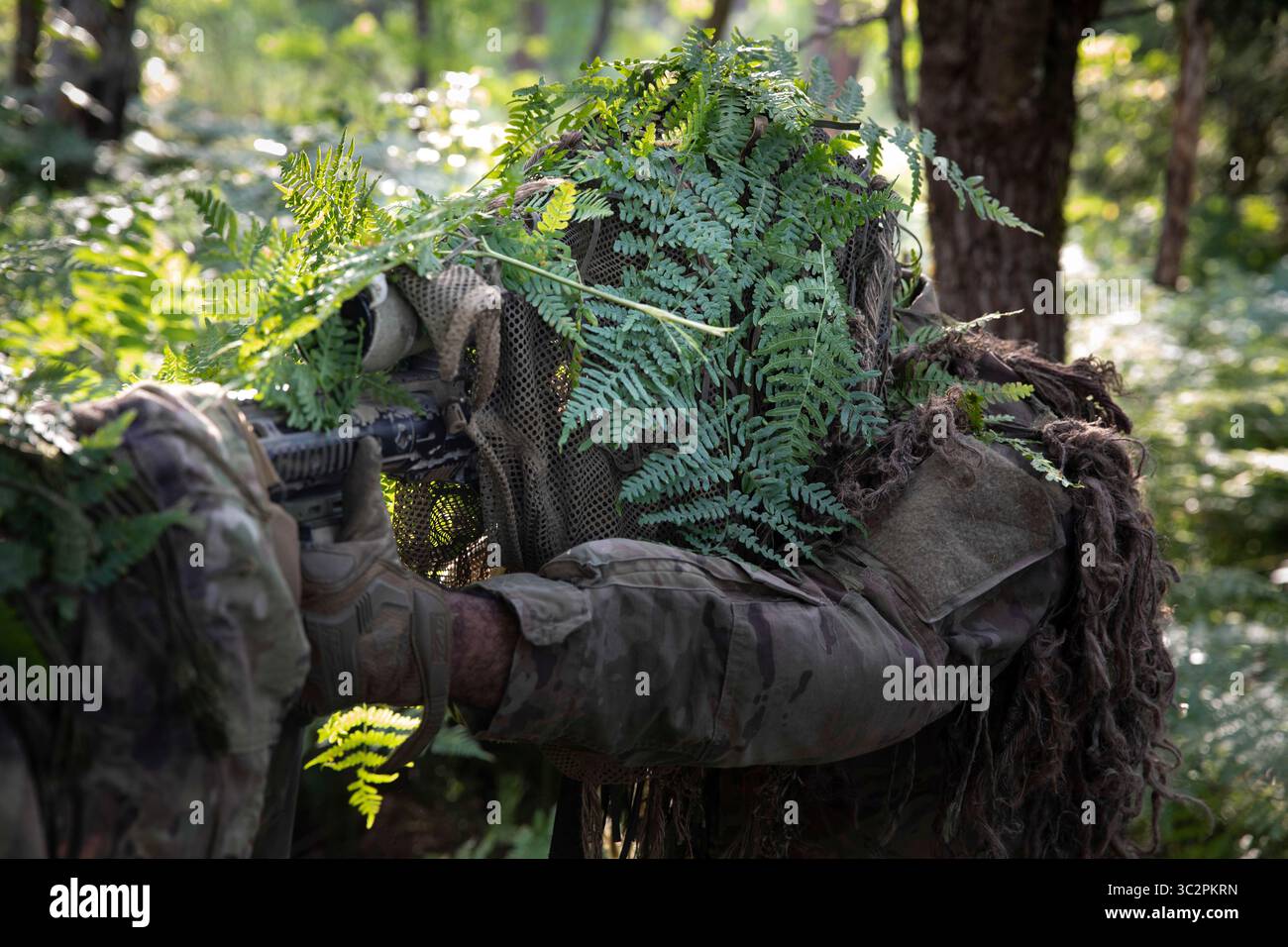 21 luglio 2019 - Grafenwoehr, Germania - U.S. Army SPC. Kristofer Encinas cecchino con 1st Squadron, 91st Cavalry Regiment, si nasconde in una posizione nascosta dopo aver completato con successo l'esercizio di stalking, durante il concorso europeo Best Sniper Team, presso l'area di addestramento di Grafenwoehr, Germania, 21 luglio 2019. Il concorso European Best Sniper Team Competition è un concorso di abilità organizzato dal 7th Army Training Command (7ATC) dell'Esercito degli Stati Uniti, che comprende 17 alleati NATO e nazioni partner, dal 20 al 26 luglio. Il concorso europeo Best Sniper Team è stato ideato per migliorare i professionisti Foto Stock