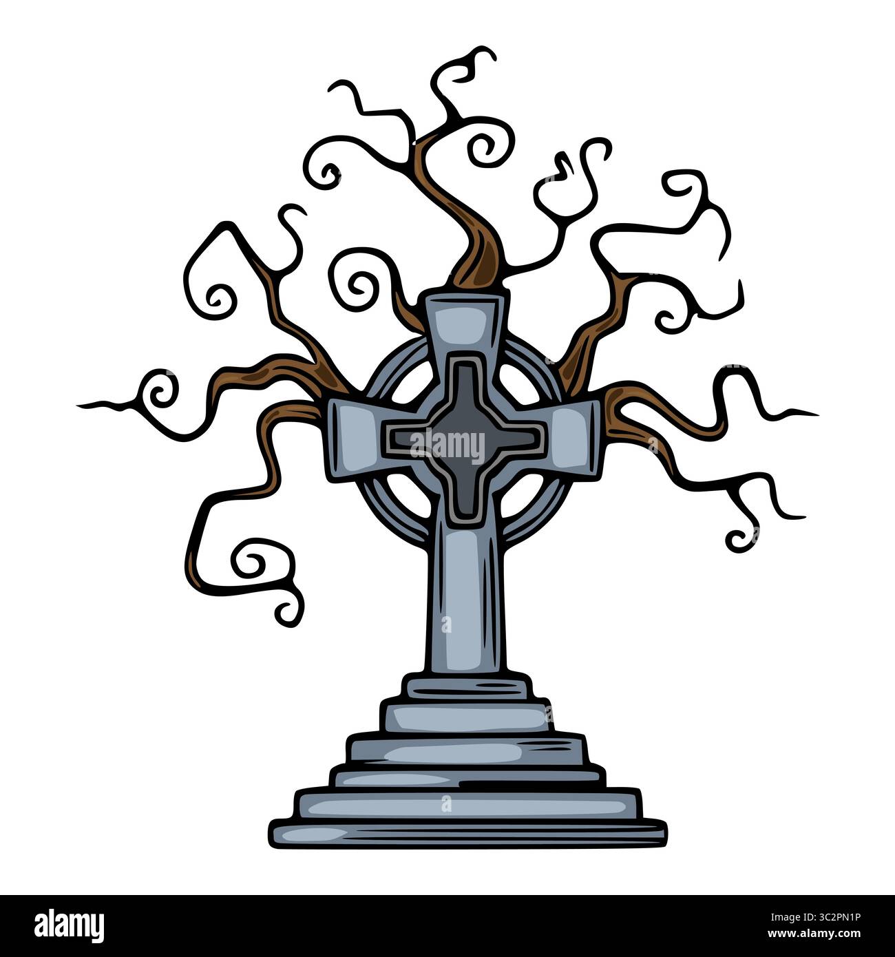 Illustrazione celtica a croce con rami di alberi morti intrecciati e stilizzati, in piedi su una base di pietra, creando un elemento di design gotico a tema Halloween Illustrazione Vettoriale