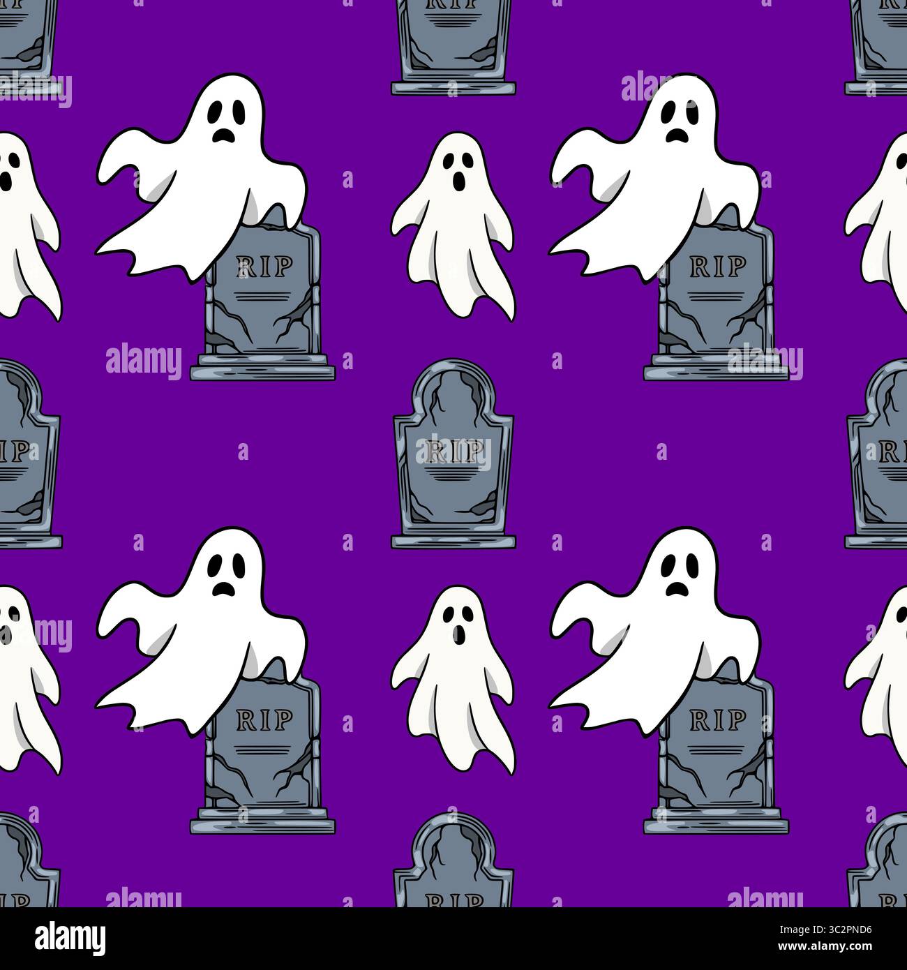 Motivo vettoriale Halloween senza cuciture con divertenti fantasmi cartoni animati e lapidi incrinate su un vivace sfondo viola, ideale per le feste spettrali Illustrazione Vettoriale