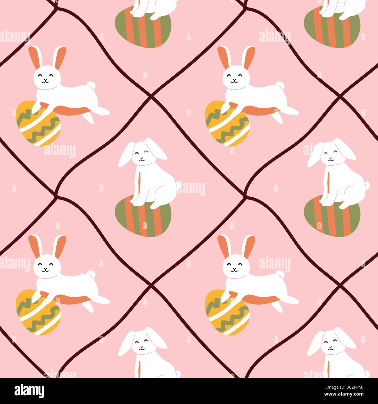 Simpatico schema coniglietto pasquale con uova su sfondo rosa. Graziosi elementi pasquali su sfondo diagonale a griglia Illustrazione Vettoriale