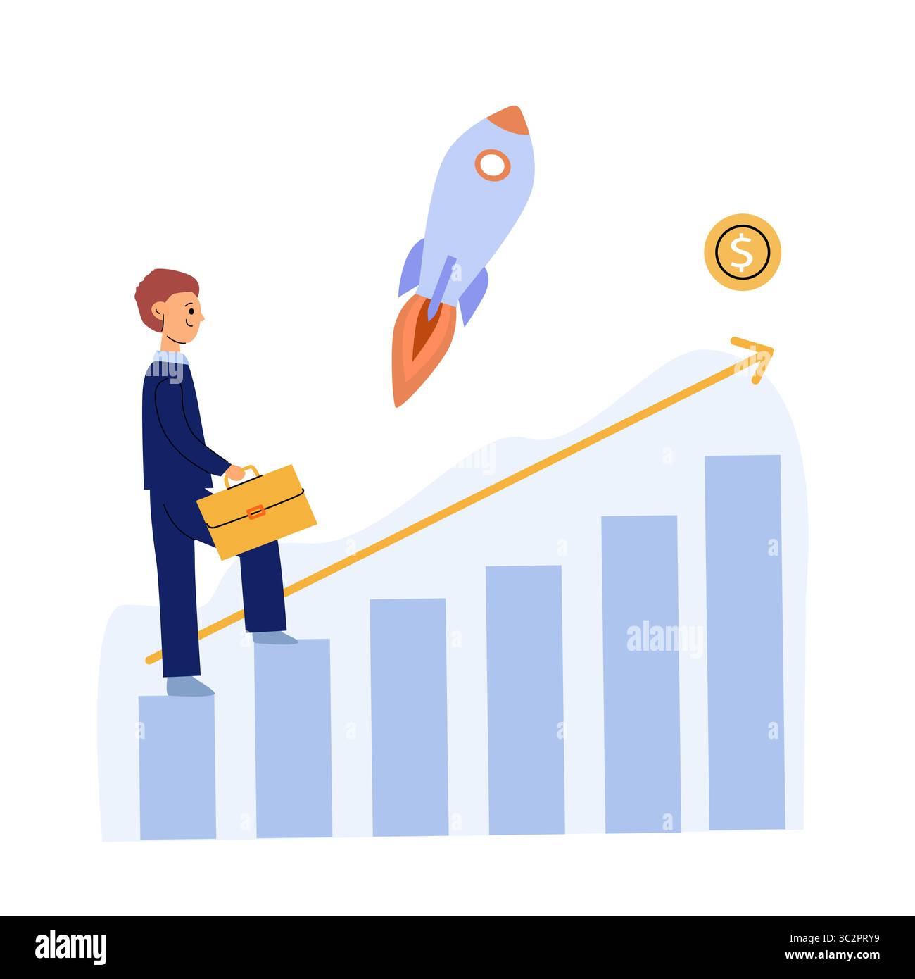 Persona che cammina verso l'alto lungo un grafico di profitto in aumento, con un razzo che lancia sullo sfondo. Illustrazione vettoriale piatta che simboleggia la crescita aziendale, il lancio di startup, il successo finanziario e il progresso. Illustrazione Vettoriale