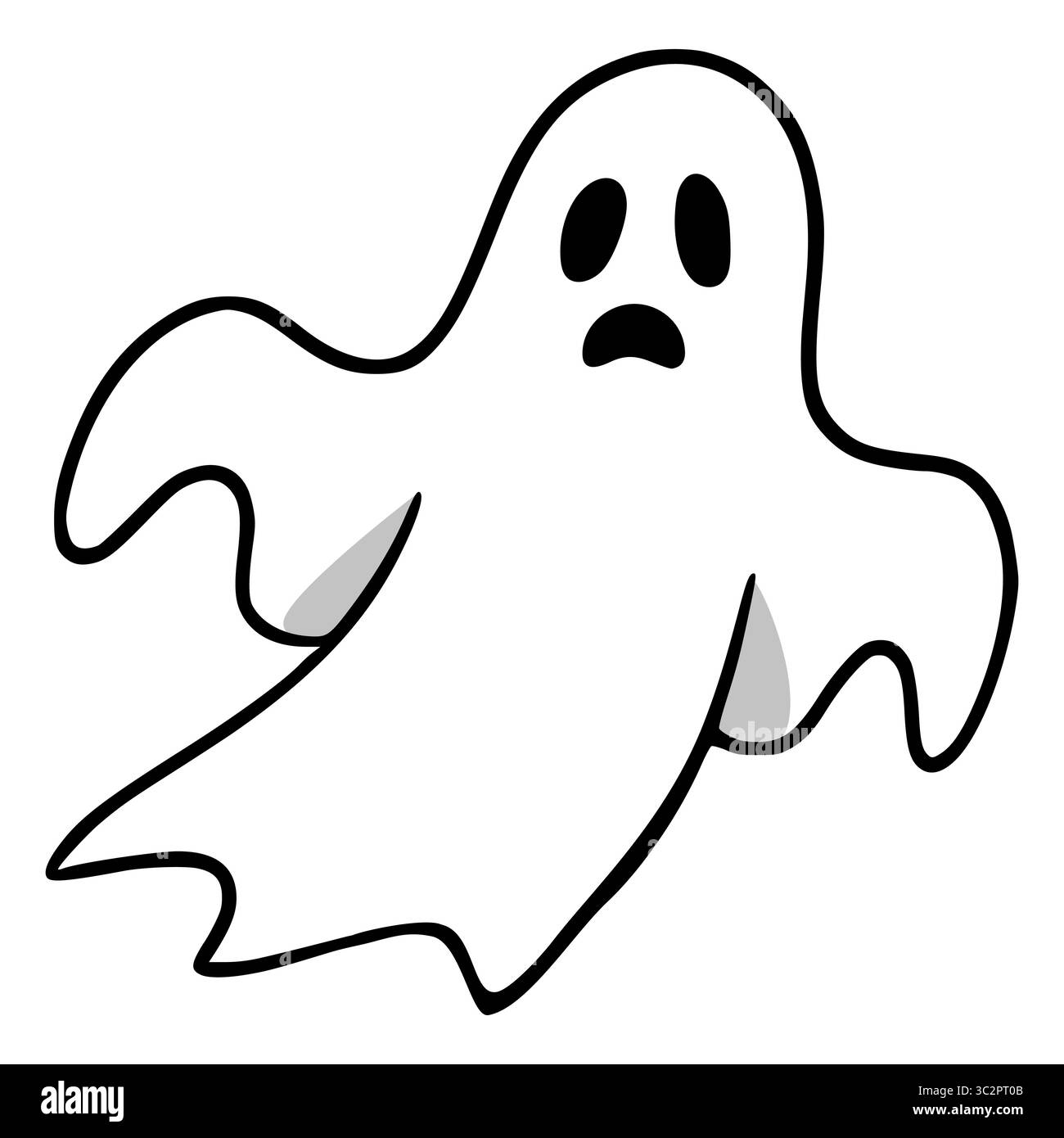 Adorabile illustrazione vettoriale disegnata a mano di un eccentrico fantasma di Halloween con espressione giocosa e forma asimmetrica. Illustrazione Vettoriale
