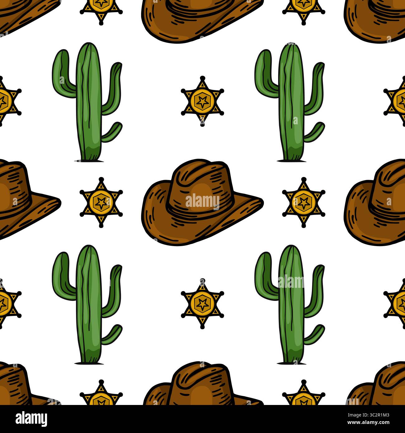 Un motivo vettoriale ripetuto con cappelli da cowboy, stemmi dello sceriffo e cactus. Il design è colorato e giocoso, ideale per il proje a tema occidentale Illustrazione Vettoriale
