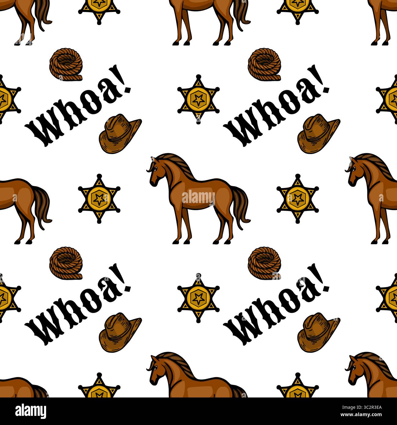 Un divertente schema vettoriale con cavalli marroni, stelle dello sceriffo, cappelli da cowboy e la parola Whoa! in grassetto. Il design è colorato e divertente Illustrazione Vettoriale