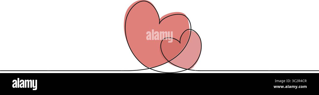 disegno continuo a linea singola di due cuori, simbolo d'amore e romanticismo, illustrazione vettoriale di disegni in linea Illustrazione Vettoriale