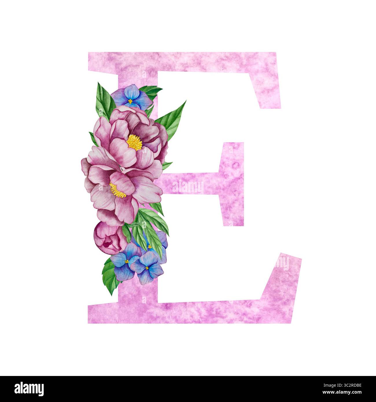 Alfabeto floreale, lettere con fiori e foglie di acquerello. Iniziali monogramma perfette per inviti di nozze, biglietti d'auguri, logo, poster e altro Foto Stock