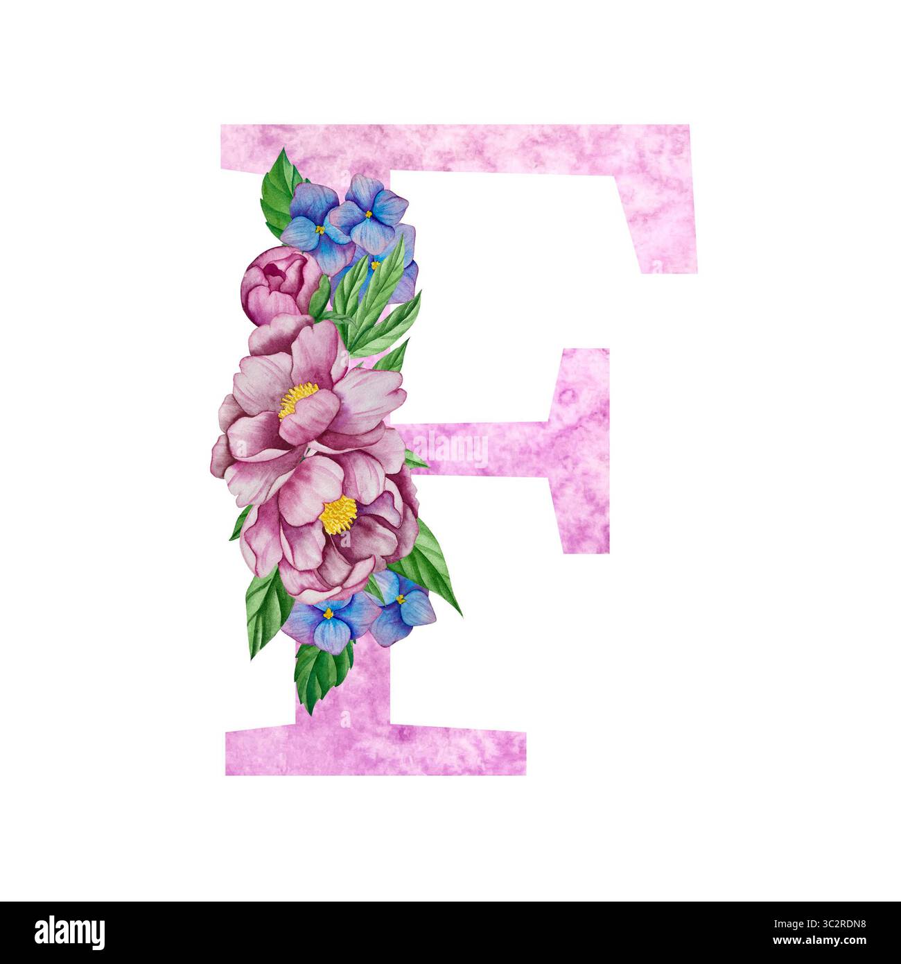 Alfabeto floreale, lettere con fiori e foglie di acquerello. Iniziali monogramma perfette per inviti di nozze, biglietti d'auguri, logo, poster e altro Foto Stock