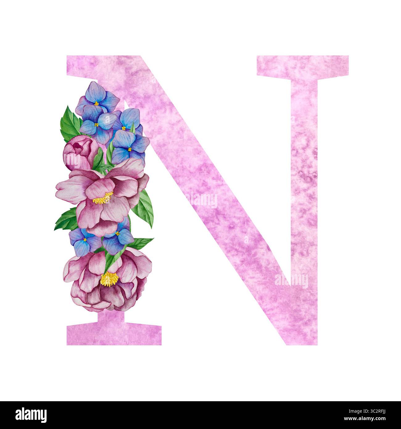 Alfabeto floreale, lettere con fiori e foglie di acquerello. Iniziali monogramma perfette per inviti di nozze, biglietti d'auguri, logo, poster e altro Foto Stock