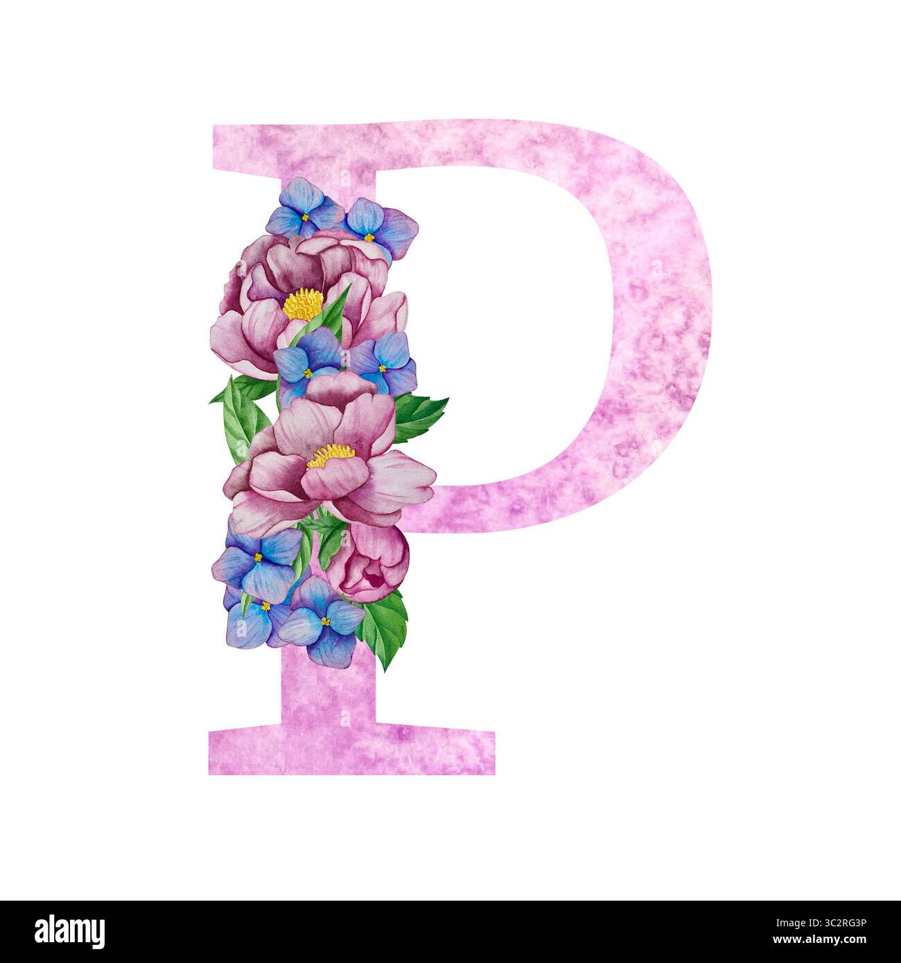 Alfabeto floreale, lettere con fiori e foglie di acquerello. Iniziali monogramma perfette per inviti di nozze, biglietti d'auguri, logo, poster e altro Foto Stock
