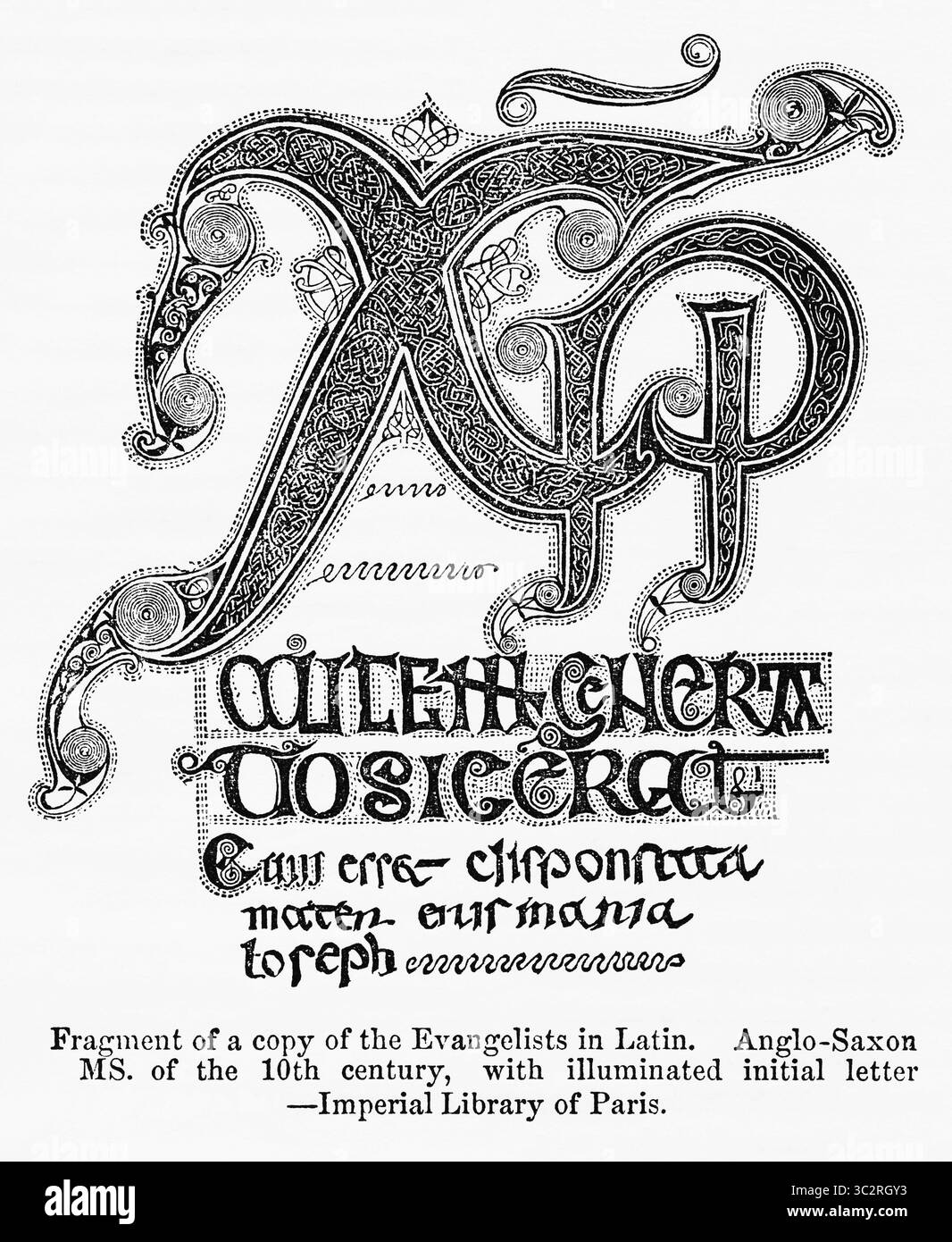 8 gennaio 2019, Regno Unito: Frammento di una copia degli evangelisti in latino, manoscritto anglosassone del X secolo, con lettera iniziale miniata, illustrazione dalla storia illustrata d'Inghilterra di John Cassell, Vol. I dal primo periodo al regno di Edoardo il quarto, Cassell, Petter e Galpin, 1857 (immagine di credito: © JT Vintage/Glasshouse via ZUMA Wire) Foto Stock