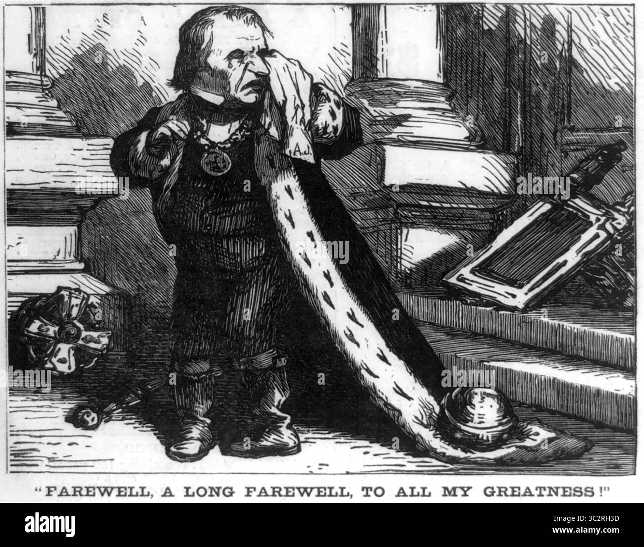 6 maggio 2019, Stati Uniti: "Addio, a Long Farewell, to All My Greatness", caricatura che mostra Andrew Johnson, vestito da re, piangendo, illustrazione, Harper's Weekly Magazine, USA, 13 marzo 1869 (immagine di credito: © JT Vintage/Glasshouse via ZUMA Wire) Foto Stock