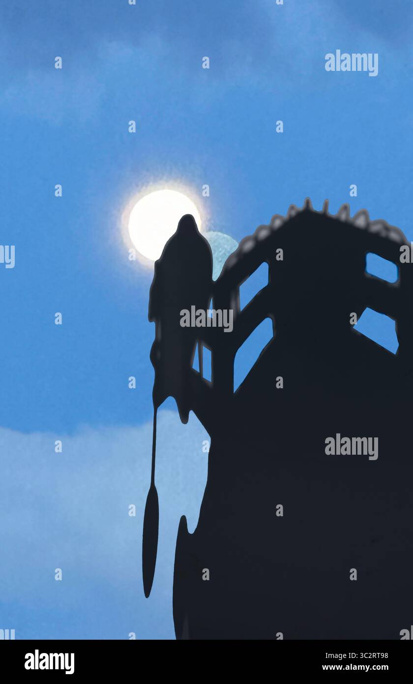 L'immagine composita mostra il padre tempo con pendolo e luna sole cielo e torre del castello con finestre in silhoette. Immagina un evento horror o spaventoso, Halloween. Foto Stock