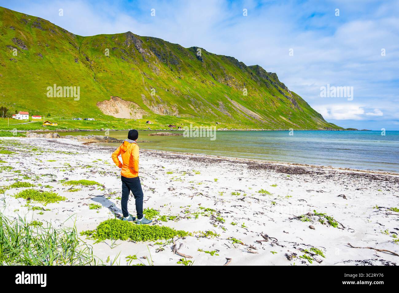 Donna turistica in piedi sulla spiaggia sabbiosa di Yttersand e guardando la montagna di Roren vicino al villaggio di Fredvang sull'isola di Moskenesoy in estate, isole Lofoten, N Foto Stock