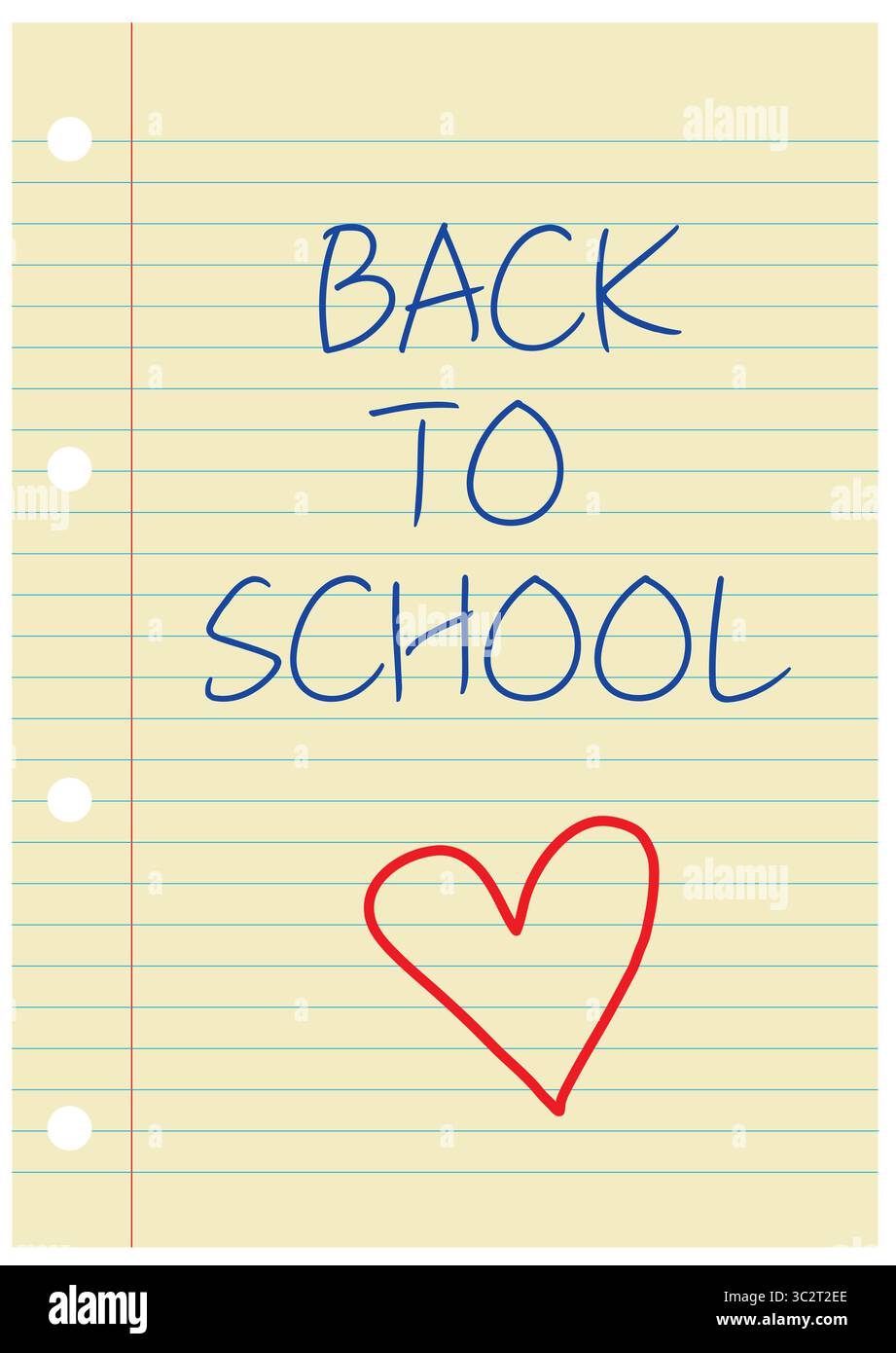 Illustrazione Back to School con un'icona a forma di cuore rossa scritta a mano con matita blu su carta rivestita di giallo. Foto Stock
