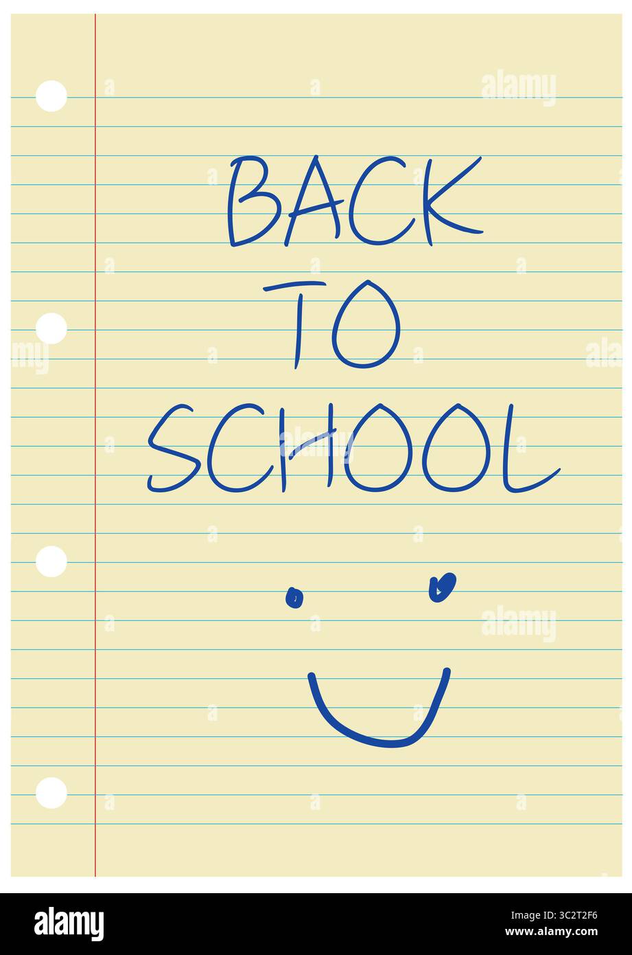 Illustrazione Back to School con un'icona sorridente scritta a mano con matita blu su carta rivestita di giallo. Foto Stock