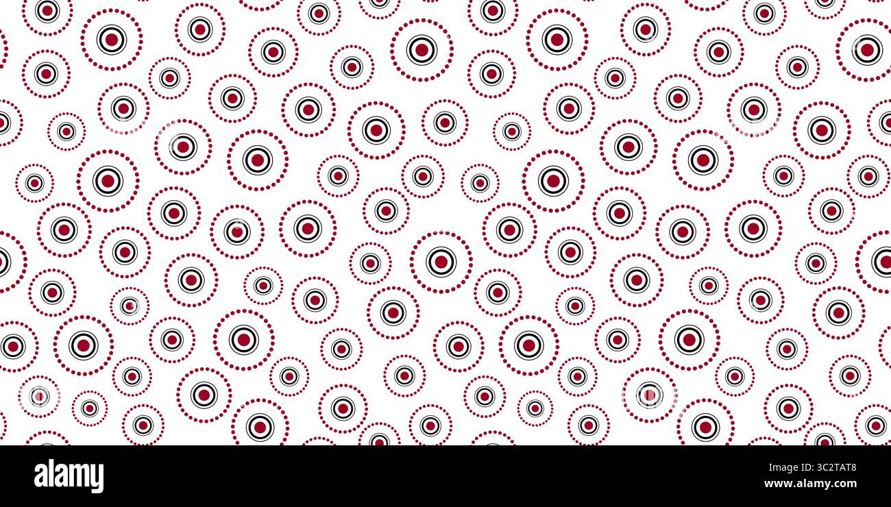Modello senza cuciture di elementi rotondi di dimensioni diverse. Ornamento di cerchi e punti casuali. Motivi circolari rossi e neri su sfondo bianco. Semplice abstra Illustrazione Vettoriale