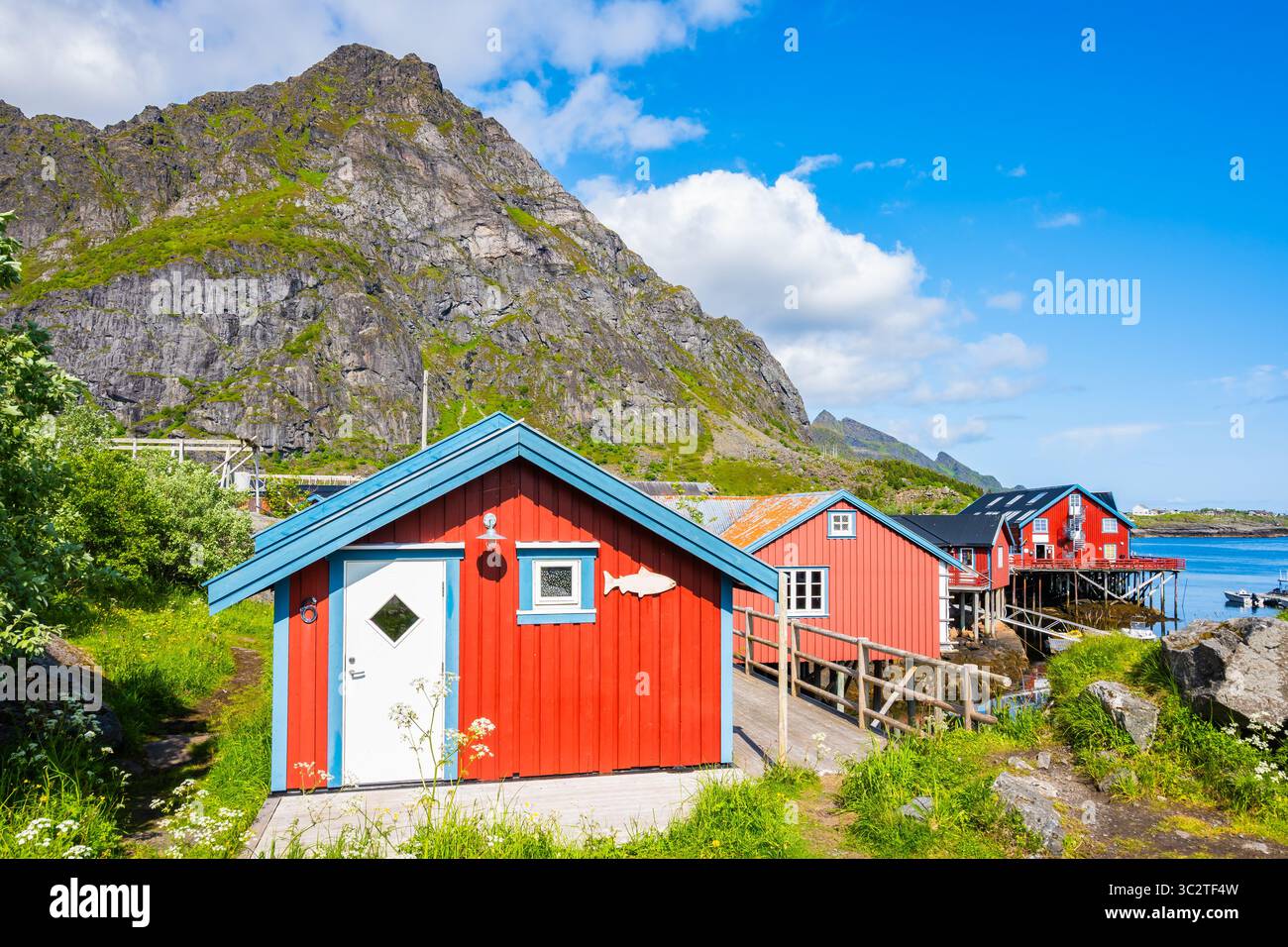 Tipiche case tradizionali in Un porto e villaggio di pescatori nel paesaggio montano estivo, isole Lofoten, Norvegia Foto Stock