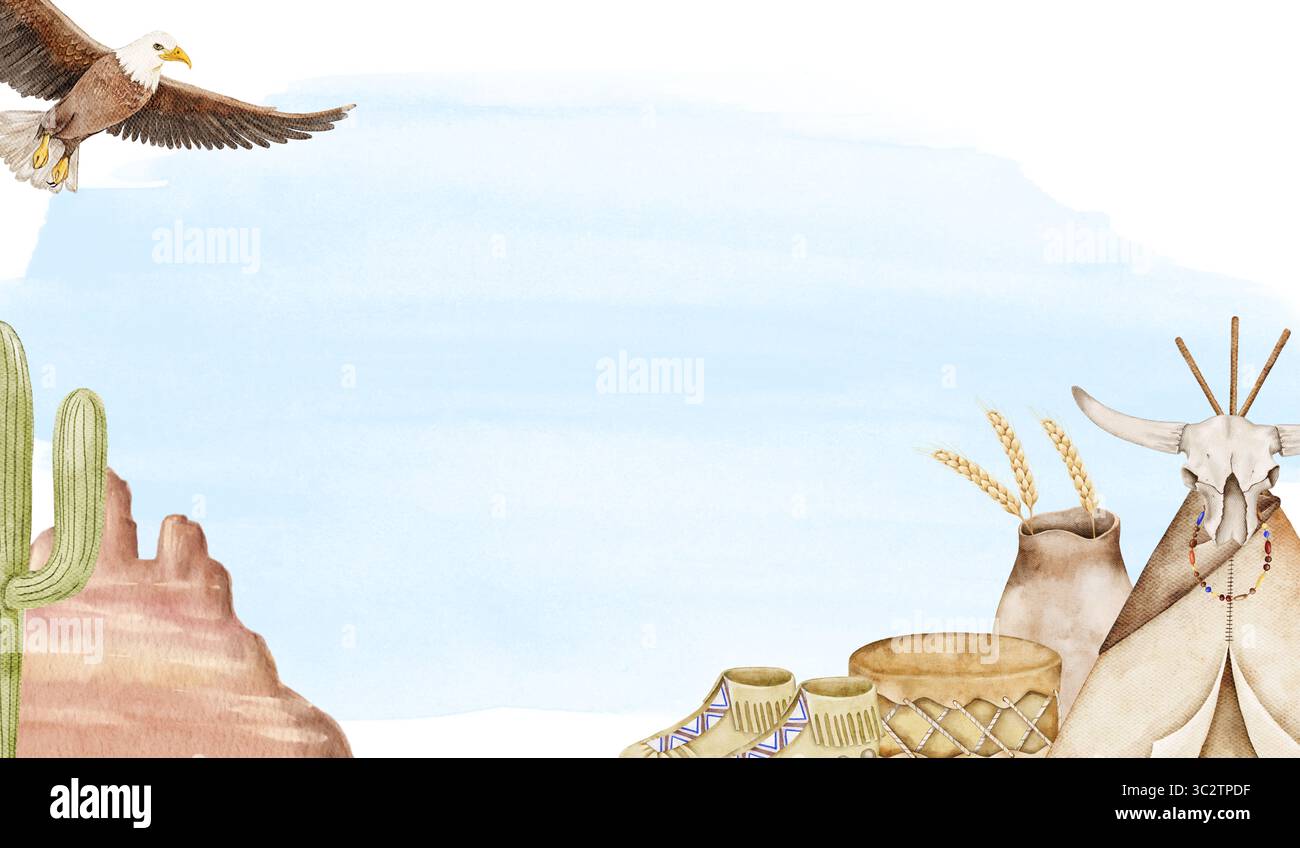 Cornice orizzontale acquerello con elementi nativi americani come teepee, aquila, cactus e tamburi. Sfondo bianco e blu. Ideale per striscioni, schede o. Foto Stock